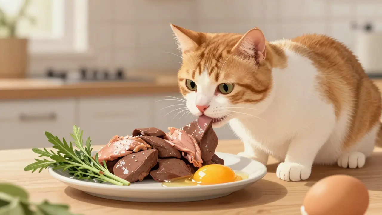 Кошка аккуратно облизывает приготовленную индейку и печень.