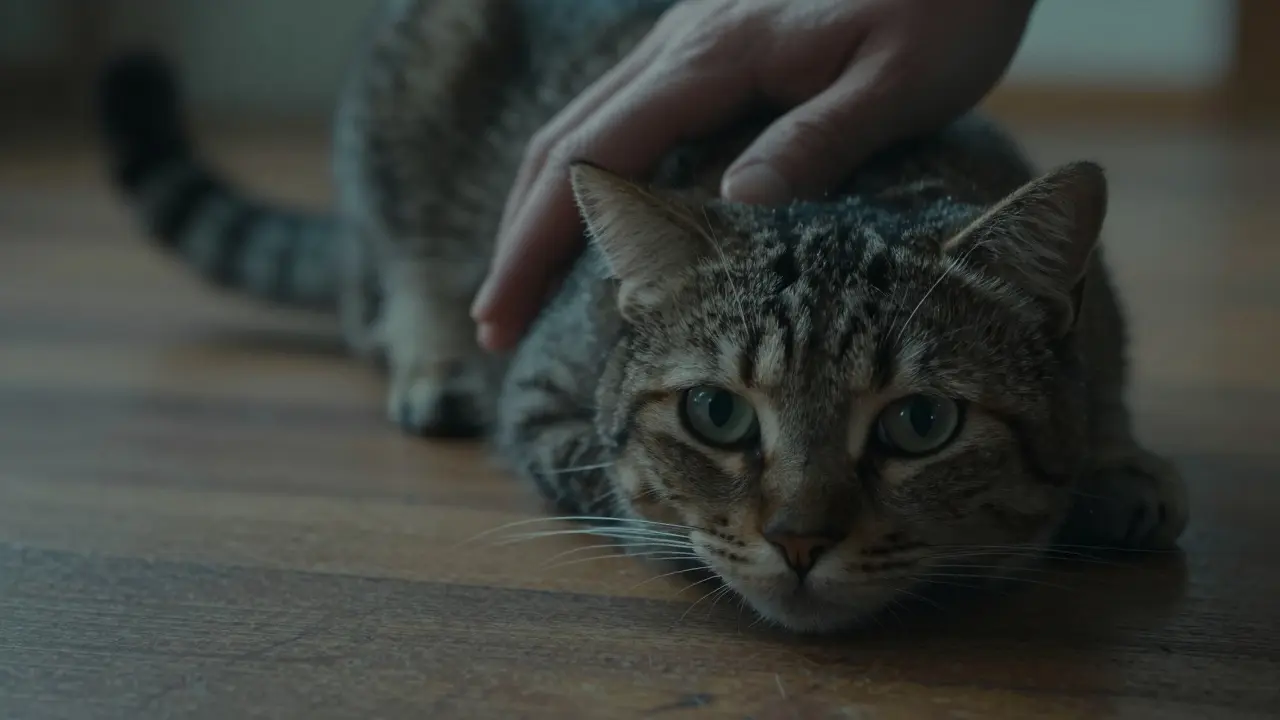 Кошка напряжена: уши прижаты, хвост бьётся, рука над животом — прикосновение нежелательно.