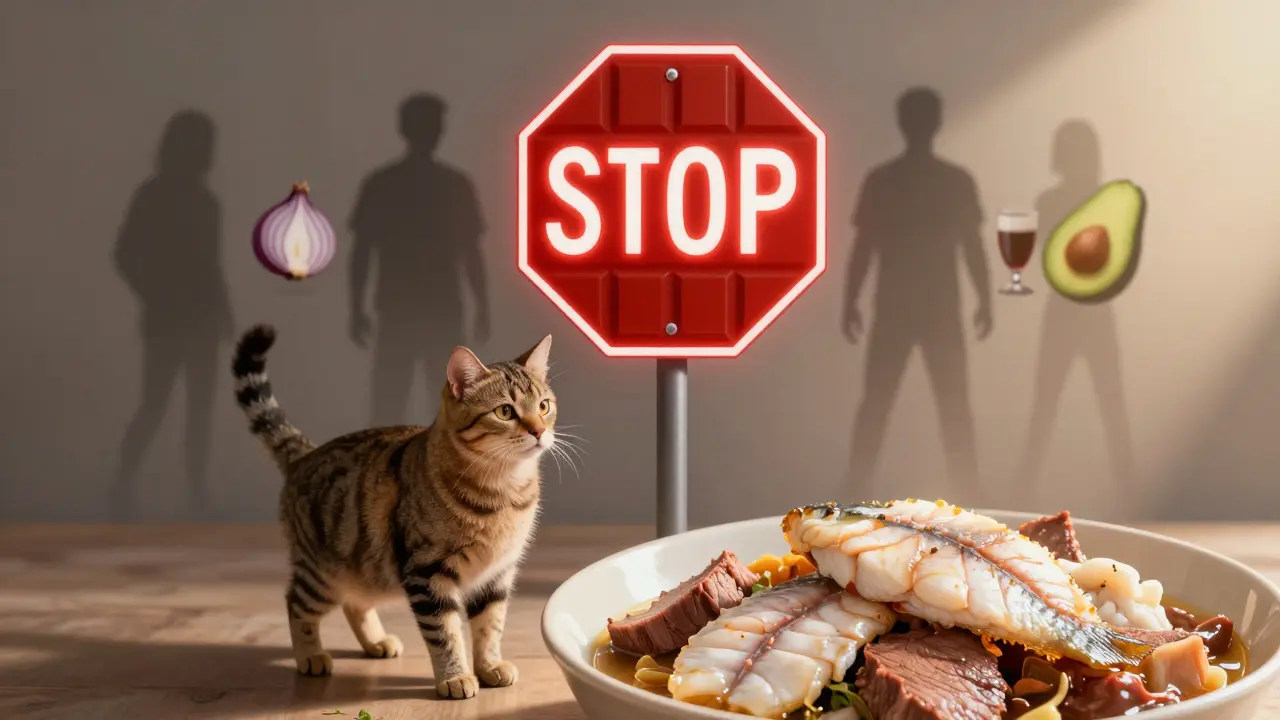 Кошка стоит перед запрещёнными продуктами, в то время как безопасная еда светится тёплым светом.