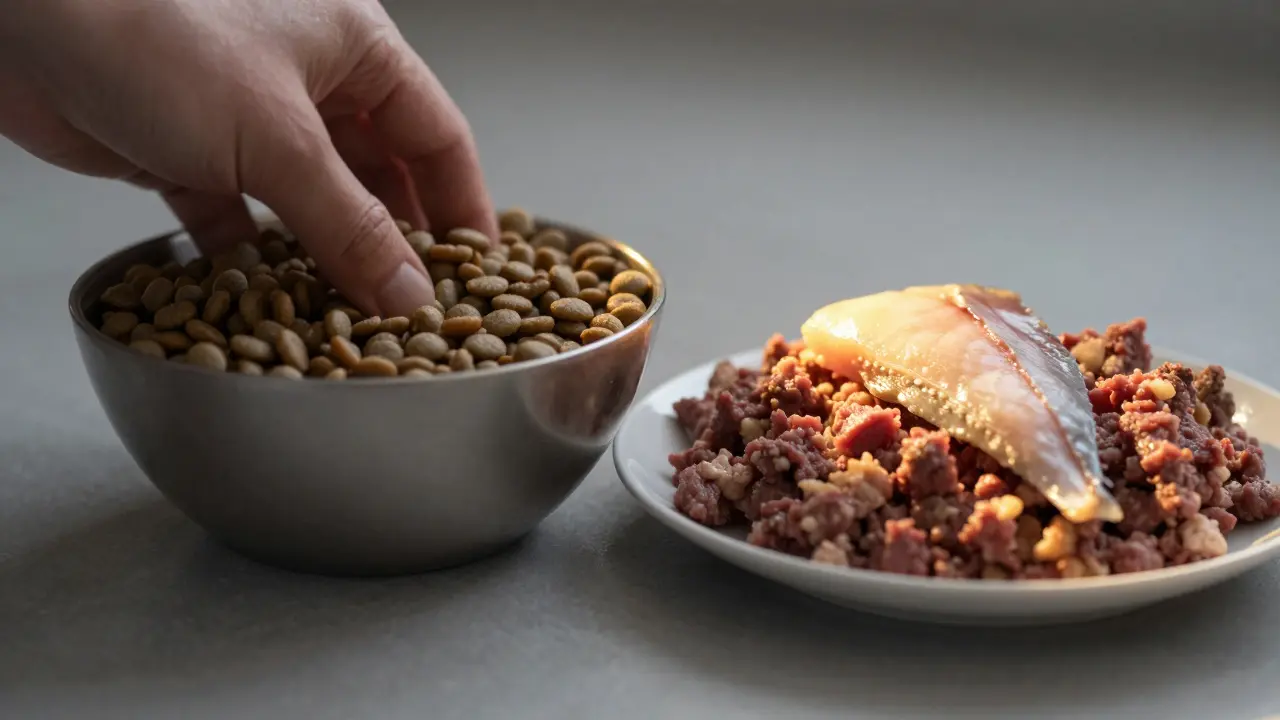 Кошка видит разницу между сухим кормом и свежим мясом.