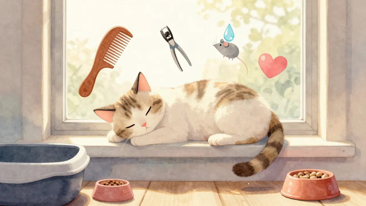 Кот отдыхает на солнечном подоконнике, вокруг — символы ухода: расческа, капля воды, игрушка.
