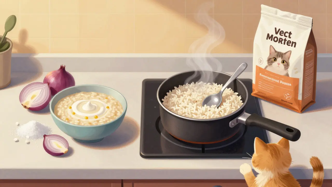 На столе разделены безопасные и опасные ингредиенты для котёнка: рис против молока и лука.