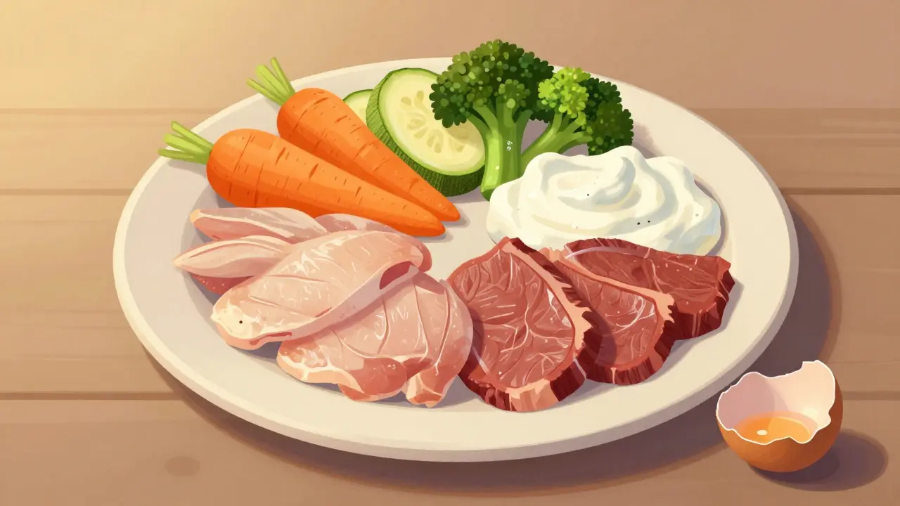 Сбалансированный рацион кошки: мясо, овощи и кефир на тарелке с кусочком яичной скорлупы.