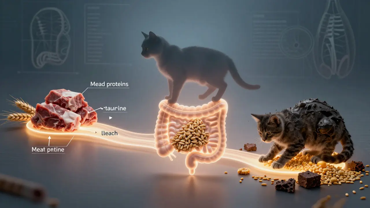 Схема пищеварения котёнка: полезные питательные вещества текут свободно, а крупы блокируют путь.