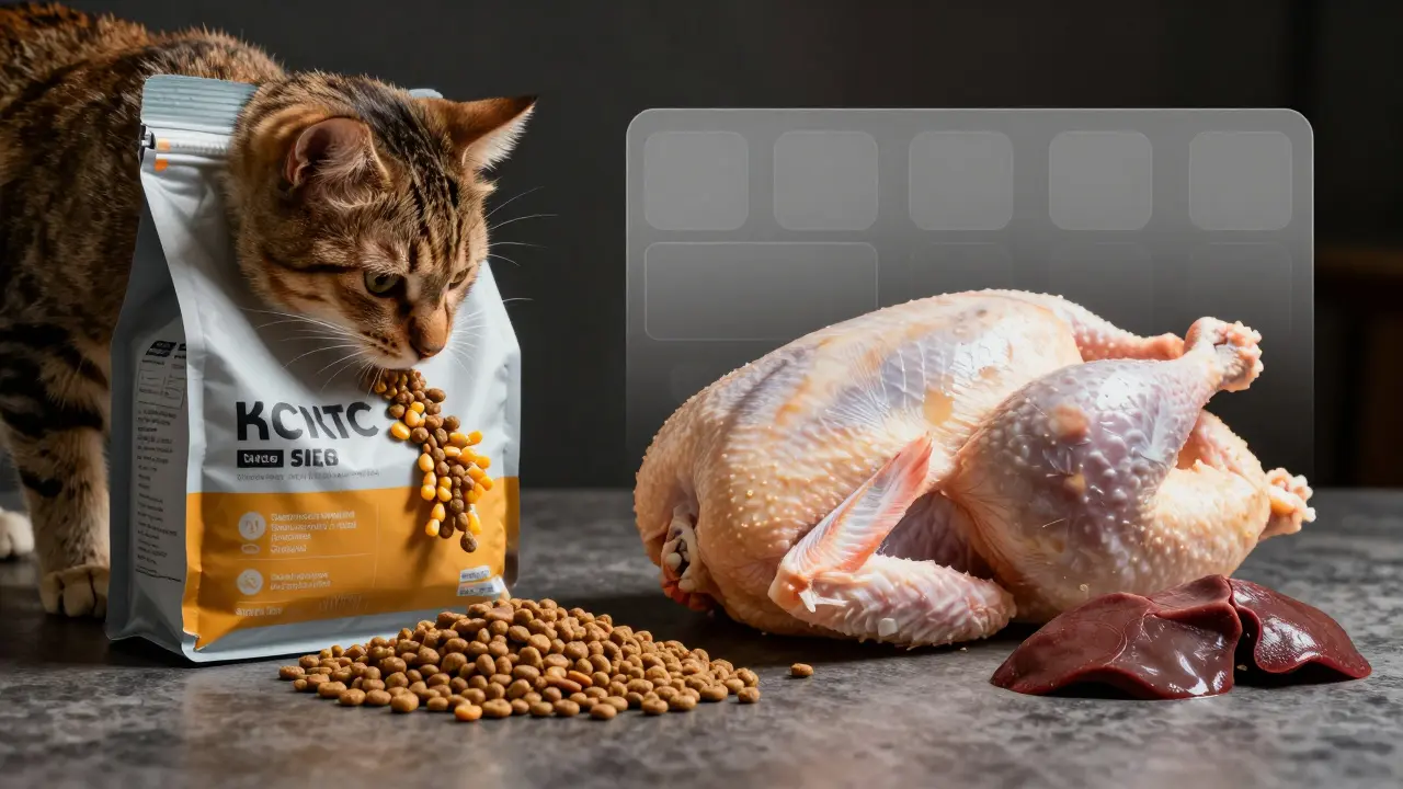 Сухой корм рядом с натуральными продуктами — контраст искусственного и натурального питания.