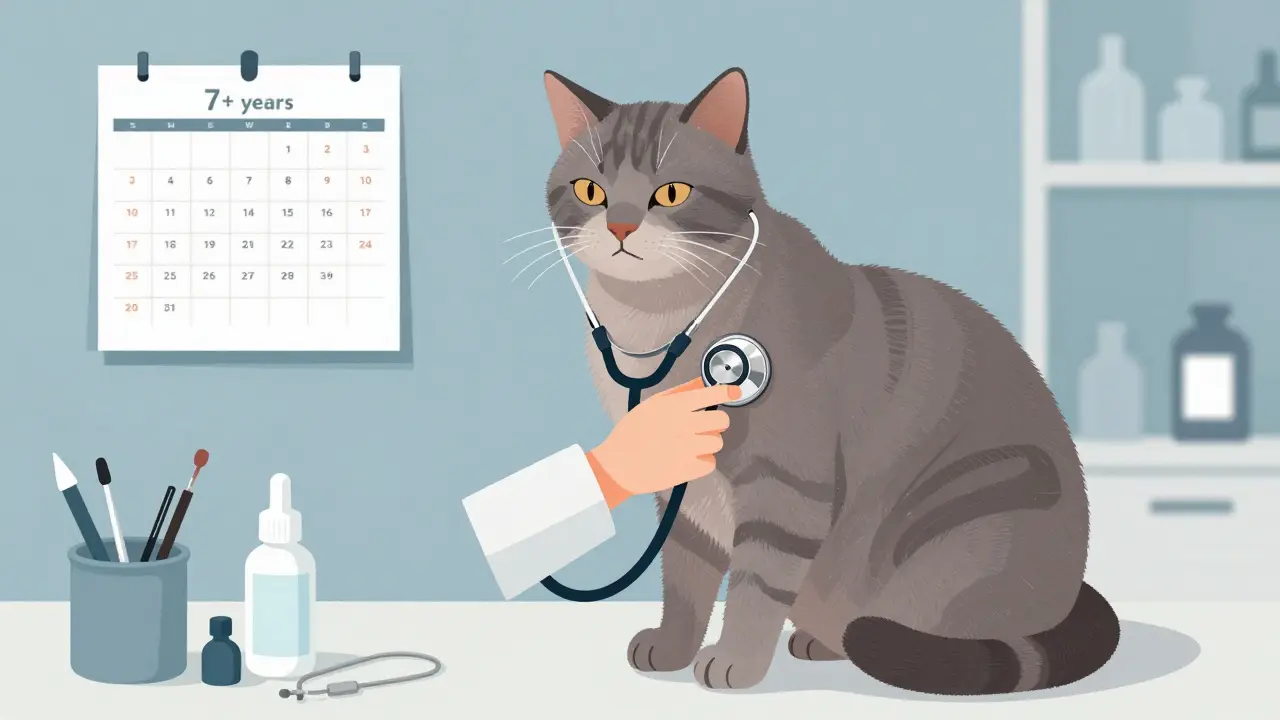 Ветеринар осматривает кота во время ежегодного осмотра.