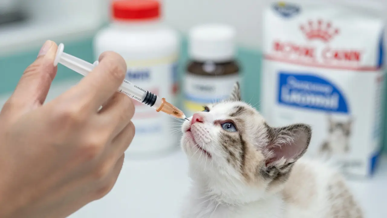 Ветеринар вводит заменитель молока котёнку с помощью шприца без иглы.