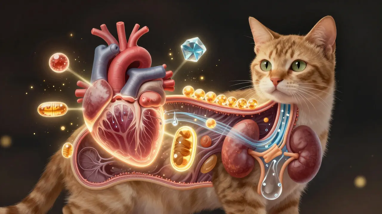 Внутреннее устройство кошки с подсвеченными жизненно важными питательными веществами.