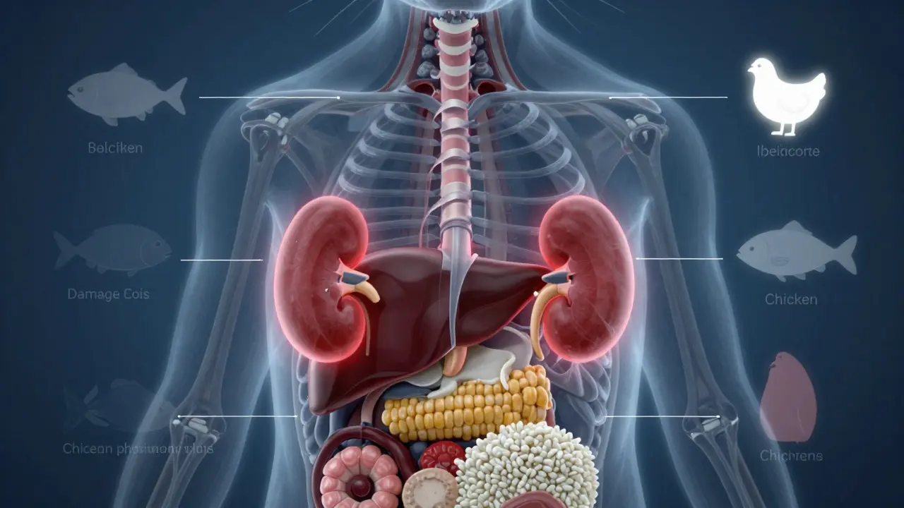 Анатомия кошки с отображением вредных и полезных ингредиентов в организме.