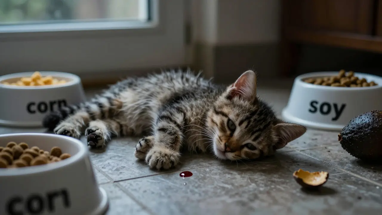 Беспомощный котёнок лежит на полу рядом с вредными ингредиентами корма.