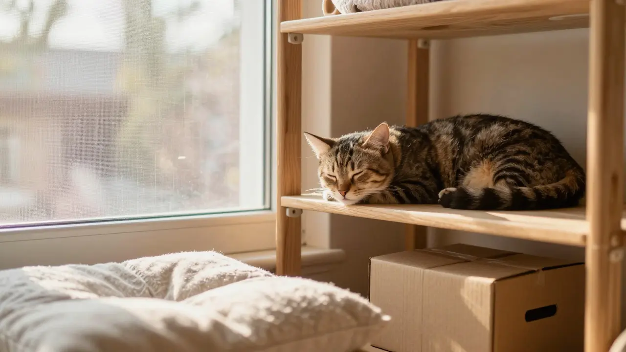 Безопасный уголок для кошки с сеткой на окне и мягкой лежанкой