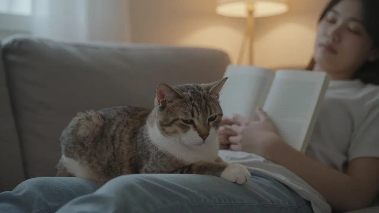 Человек спокойно сидит на диване, а кошка спит на его коленях в тишине.