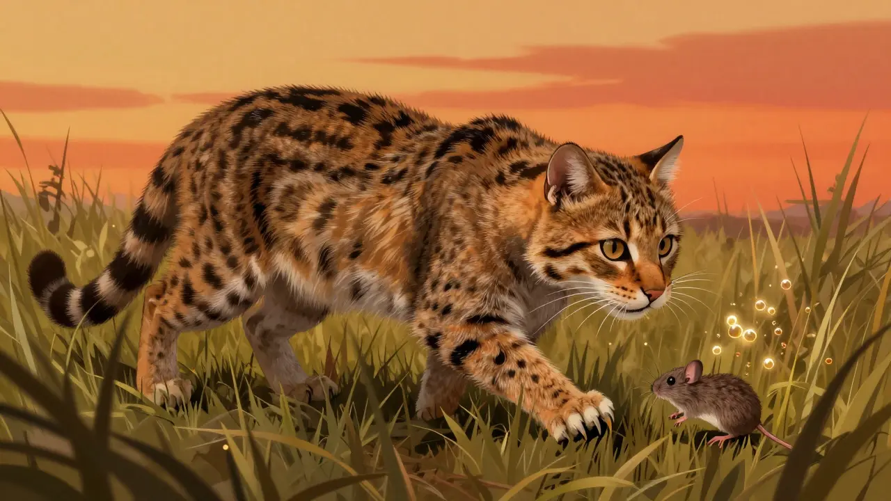 Дикая кошка охотится на мышь на закате, вокруг неё светятся молекулы питательных веществ.