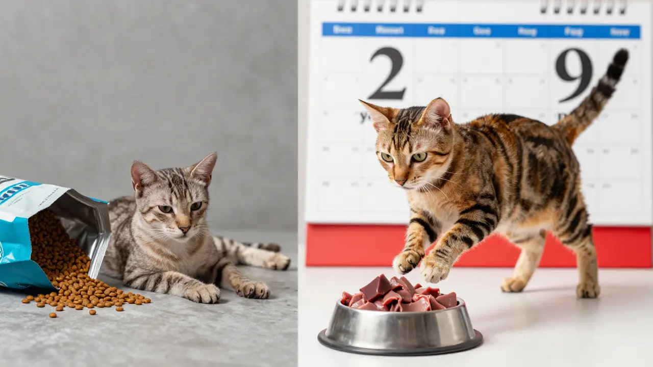 Две кошки: одна больная с сухим кормом, другая здоровая с натуральной едой.