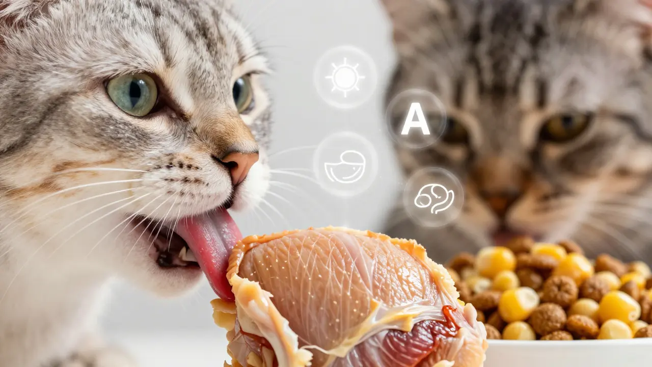 Кошачий язык лакает кусочек курицы, над ним светятся молекулы таурина и витамина A.