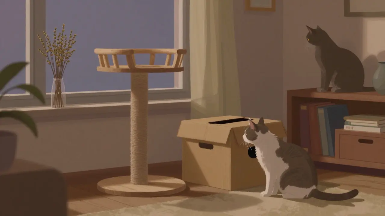 Кошка исследует новую кошачью полку и картонную коробку в уютной комнате.