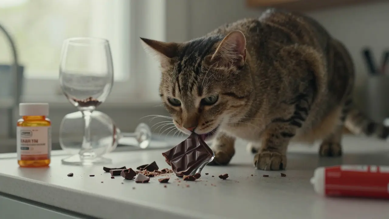 Кошка лизает остатки тёмного шоколада на кухонной стойке.