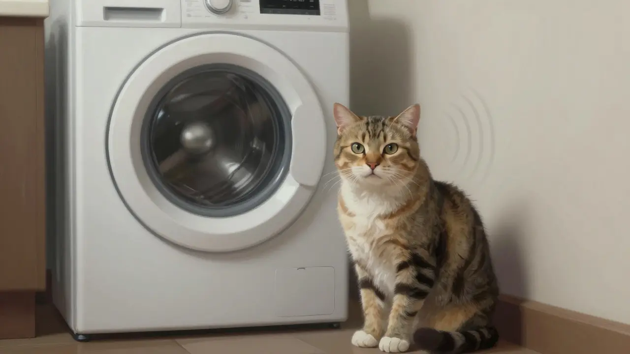 Кошка напряжена от звука стиральной машины в углу комнаты