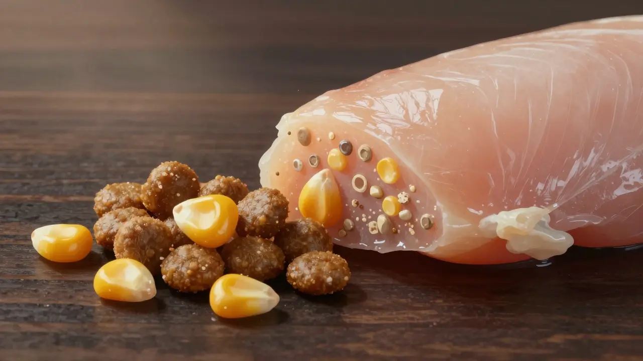 Сухой корм и свежая курица рядом: видны зерна кукурузы и костная мука в корме.