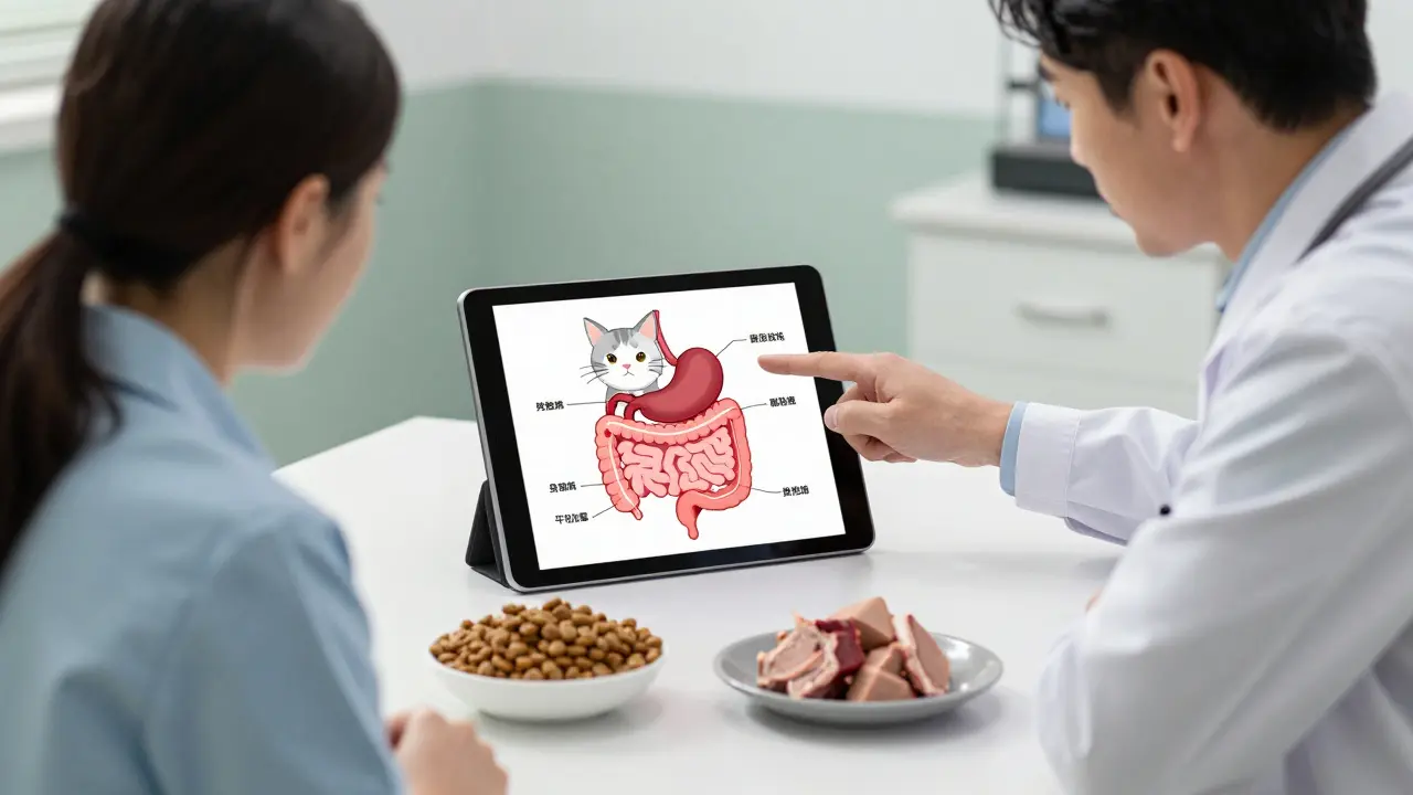 Ветеринар объясняет владельцу кошки, почему нельзя смешивать сухой корм и натуральную еду.