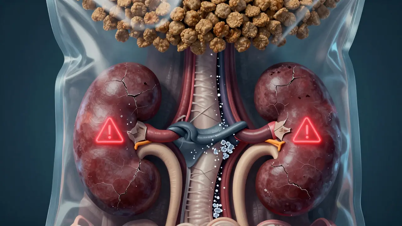 Внутреннее устройство почек кошки с кристаллами в мочевыводящих путях, над ними — силуэт пакета сухого корма.