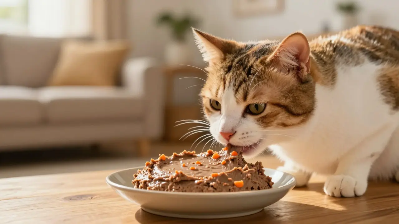 Домашняя кошка ест полезный мясной паштет с овощами в уютной обстановке