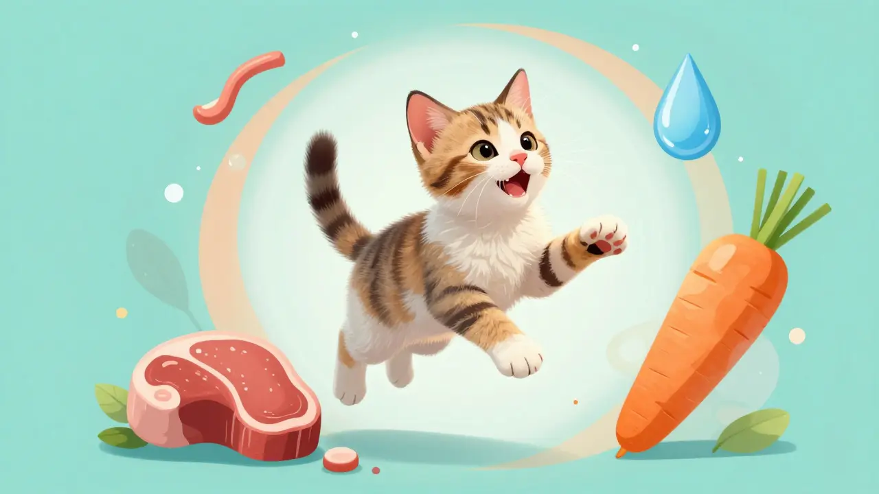 Иллюстрация здорового и активного котенка в окружении символов полезной еды