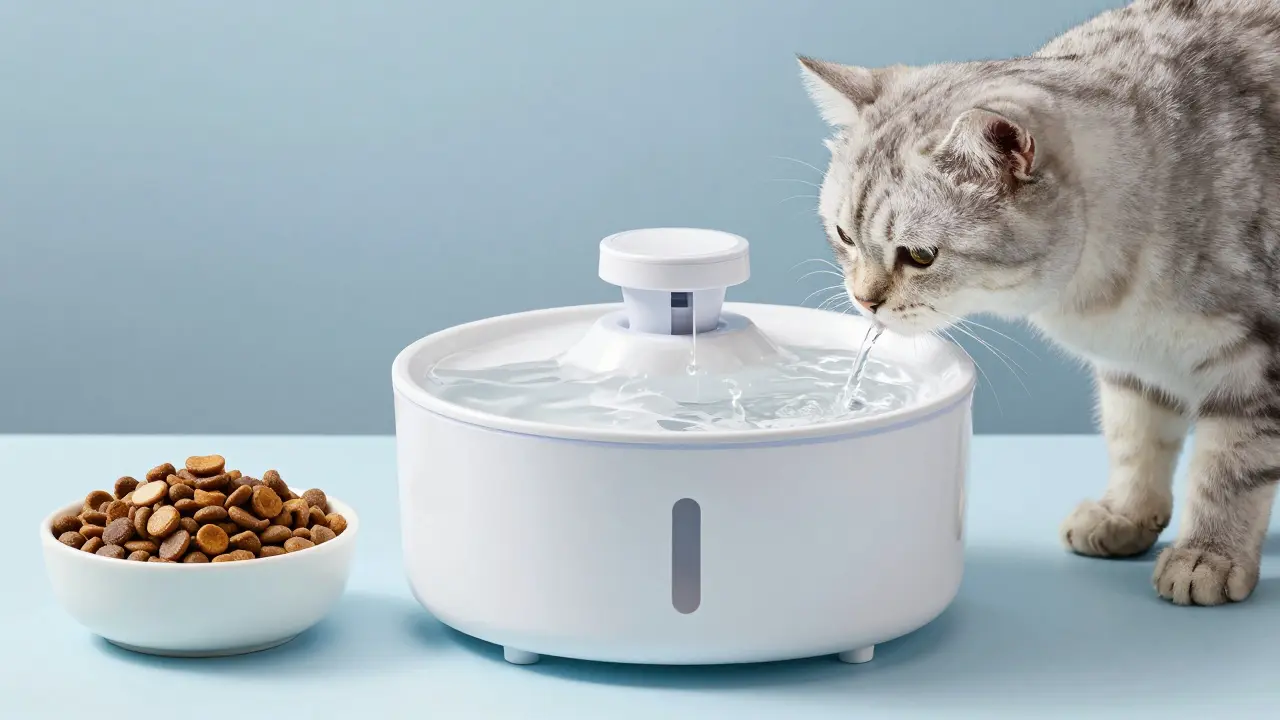 Кот пьет воду из автоматического фонтанчика рядом с кормом