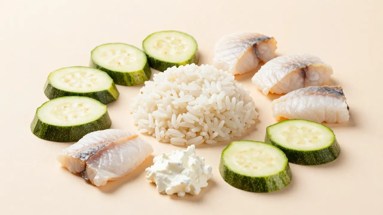 Набор безопасных продуктов для кошек: белая рыба, рис, кабачок и творог