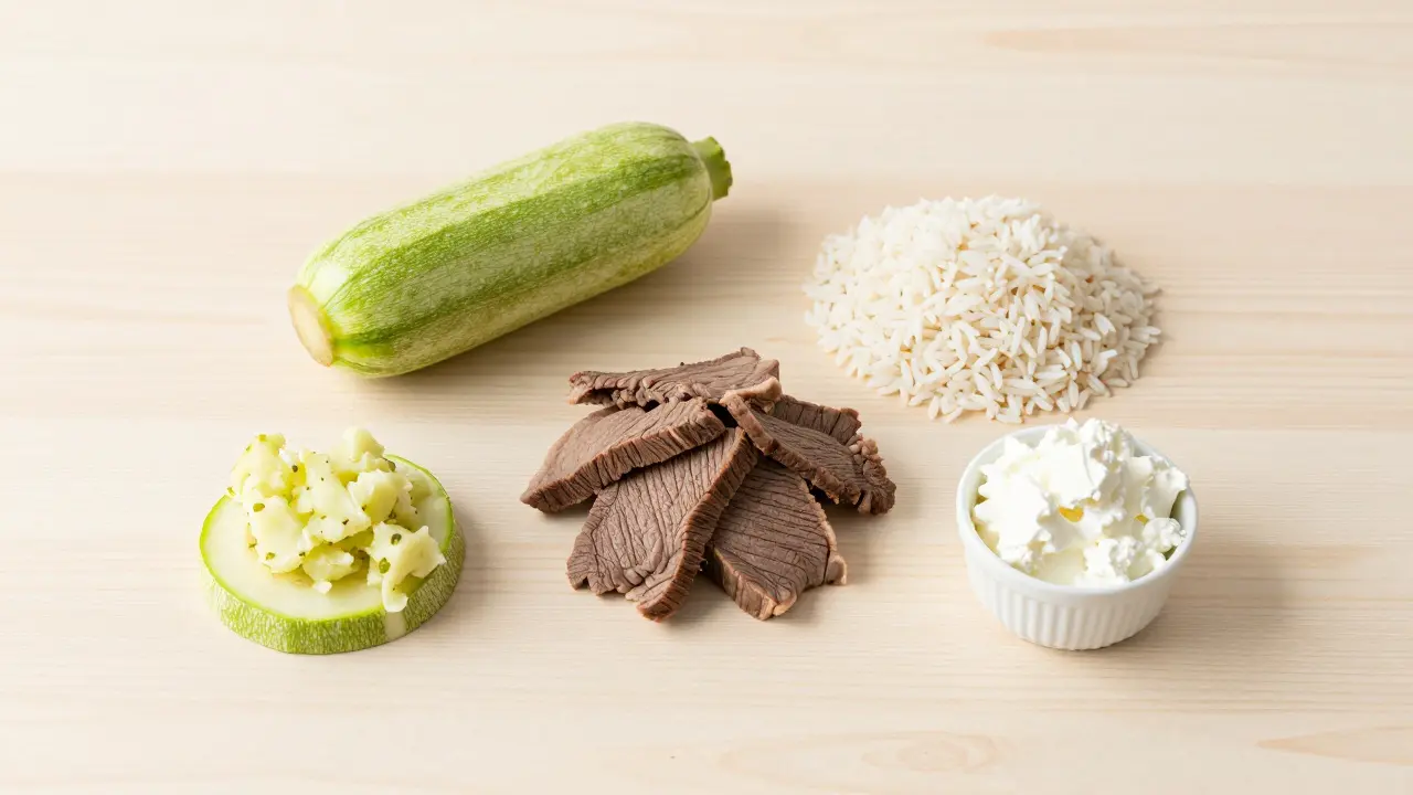 Набор натуральных продуктов для котят: говядина, кабачок, рис и творог на деревянном столе