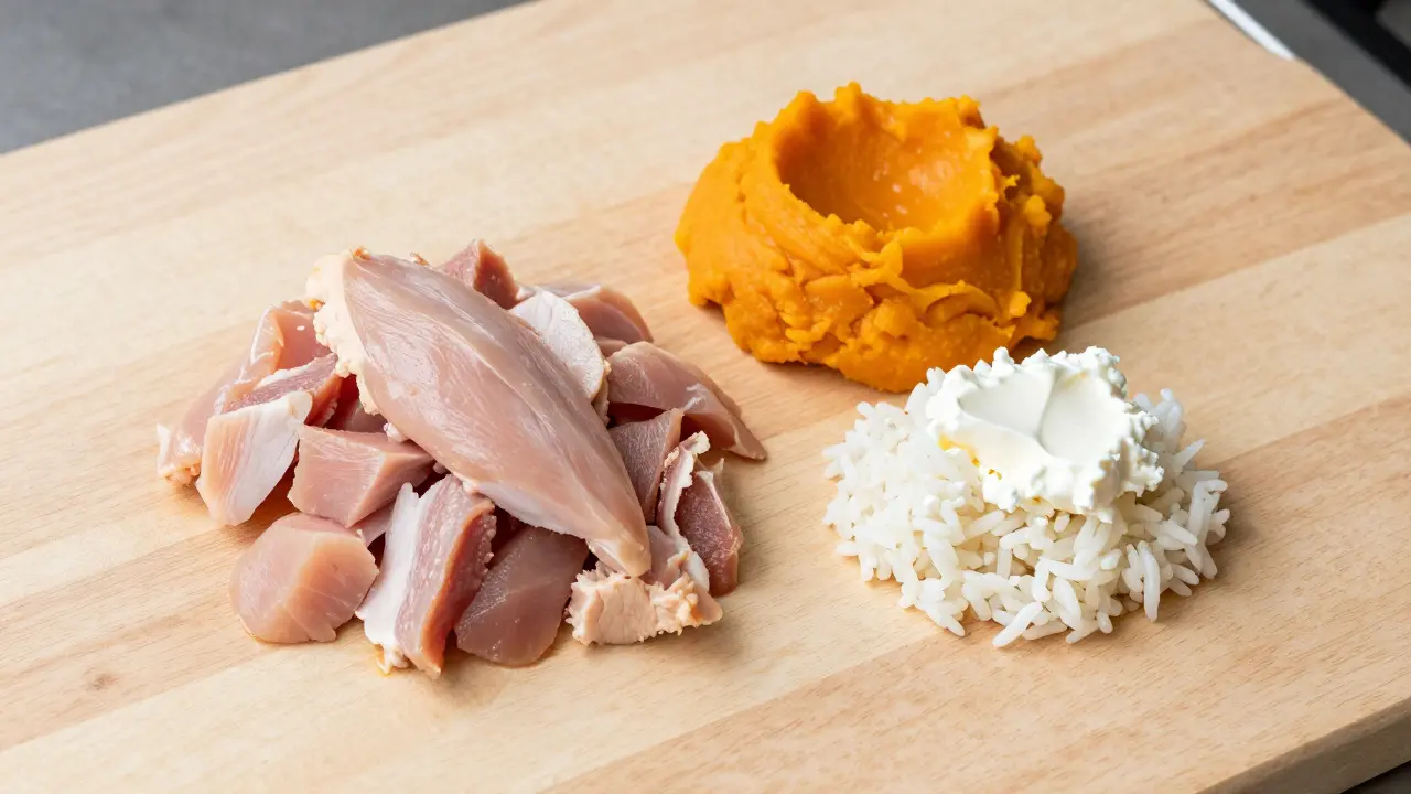 Набор натуральных продуктов для котят: индейка, тыква, рис и творог на столе