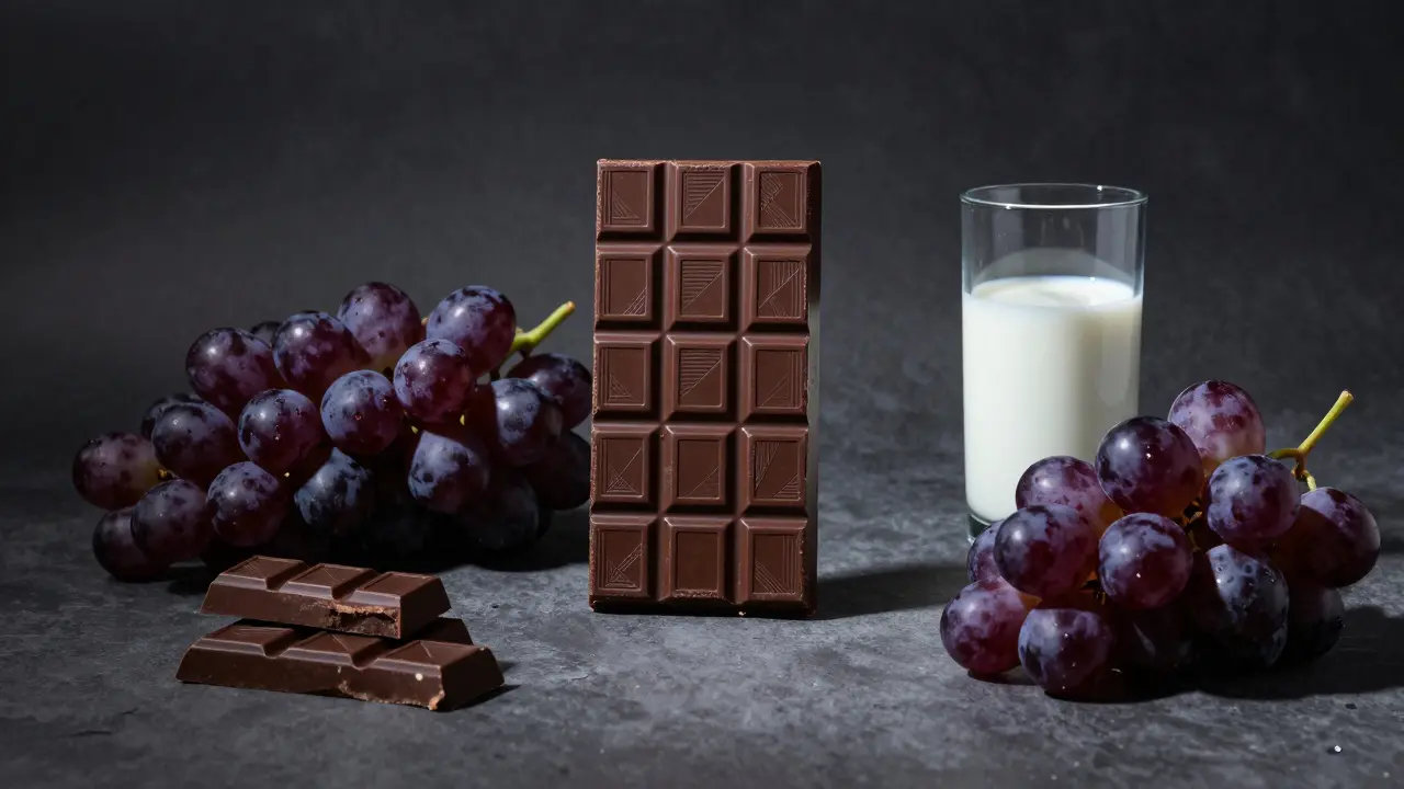 Натюрморт с опасными продуктами: шоколад, виноград и молоко на темном фоне