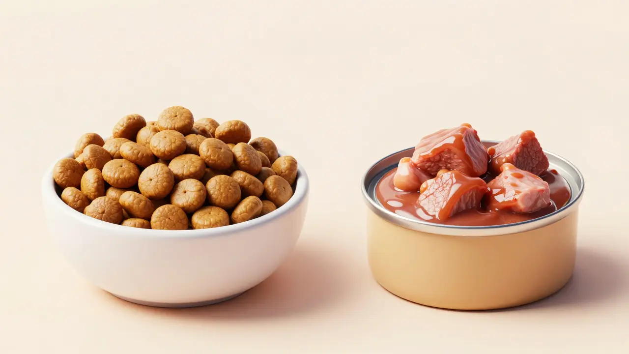 Сравнение миски с сухим кормом и порции влажного корма для кошки