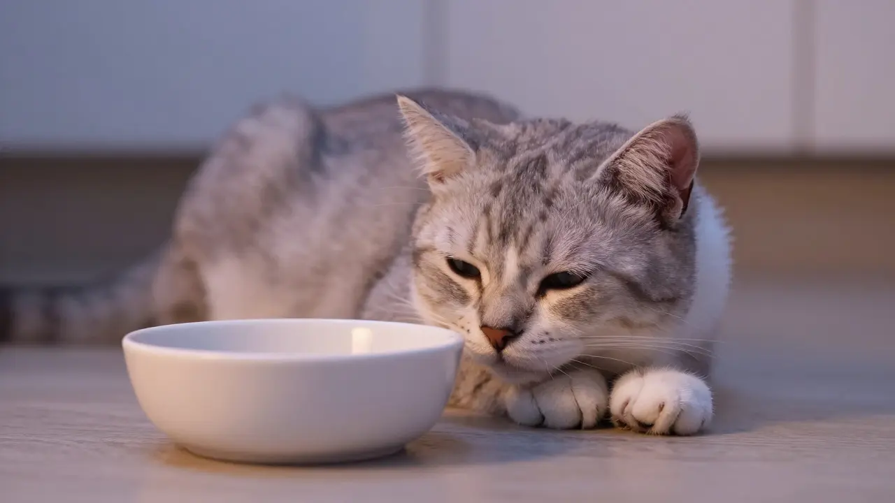 Сытый и довольный котенок отдыхает рядом с пустой миской в уютной домашней обстановке