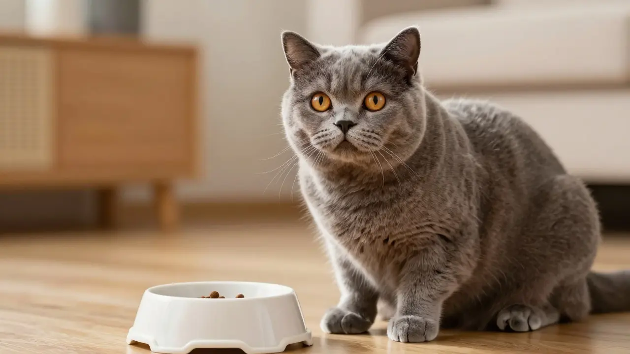 Здоровая британская короткошерстная кошка с блестящей шерстью у миски с едой