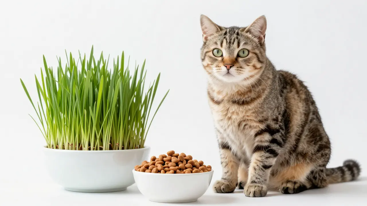 Здоровый кот рядом с миской правильного корма и зеленой травой