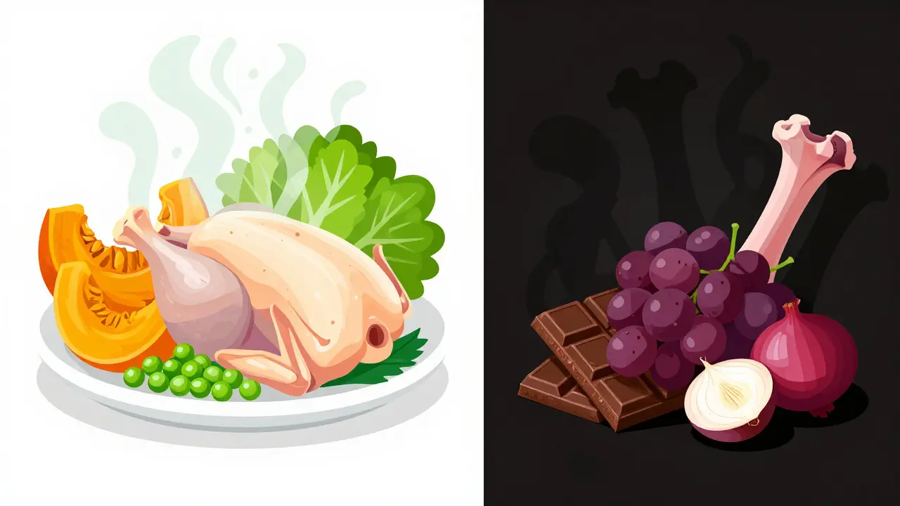 Иллюстрация безопасных и опасных продуктов для кошек без текста