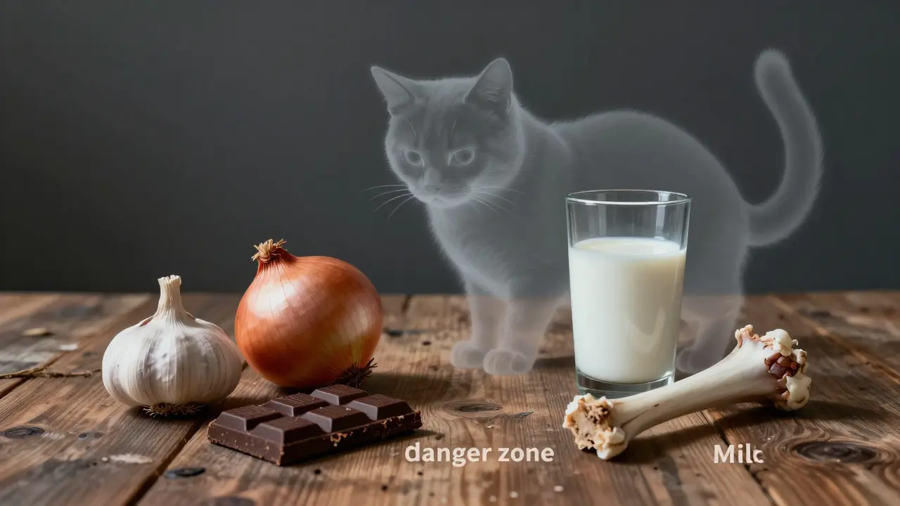 Опасные продукты для кошек: лук, шоколад, молоко и кости