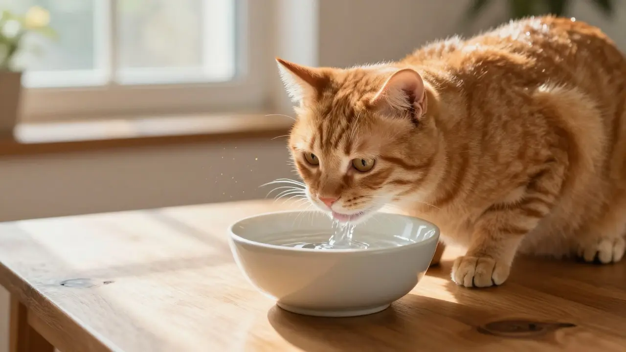 Оранжевая кошка пьет воду из миски в солнечной комнате