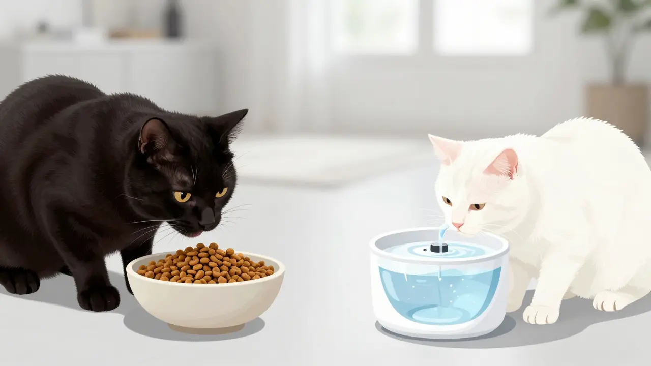 Взрослая кошка ест сухой корм и пьет воду