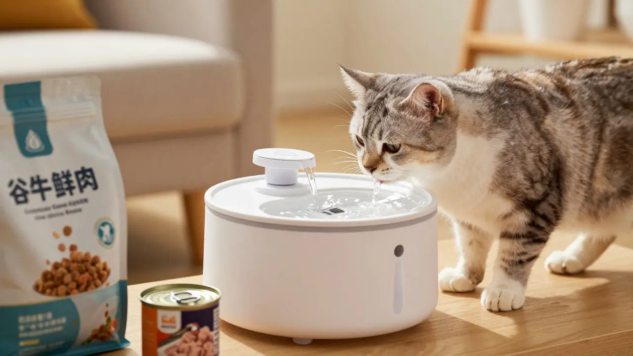 Кошка пьет из фонтанчика для воды в уютной гостиной