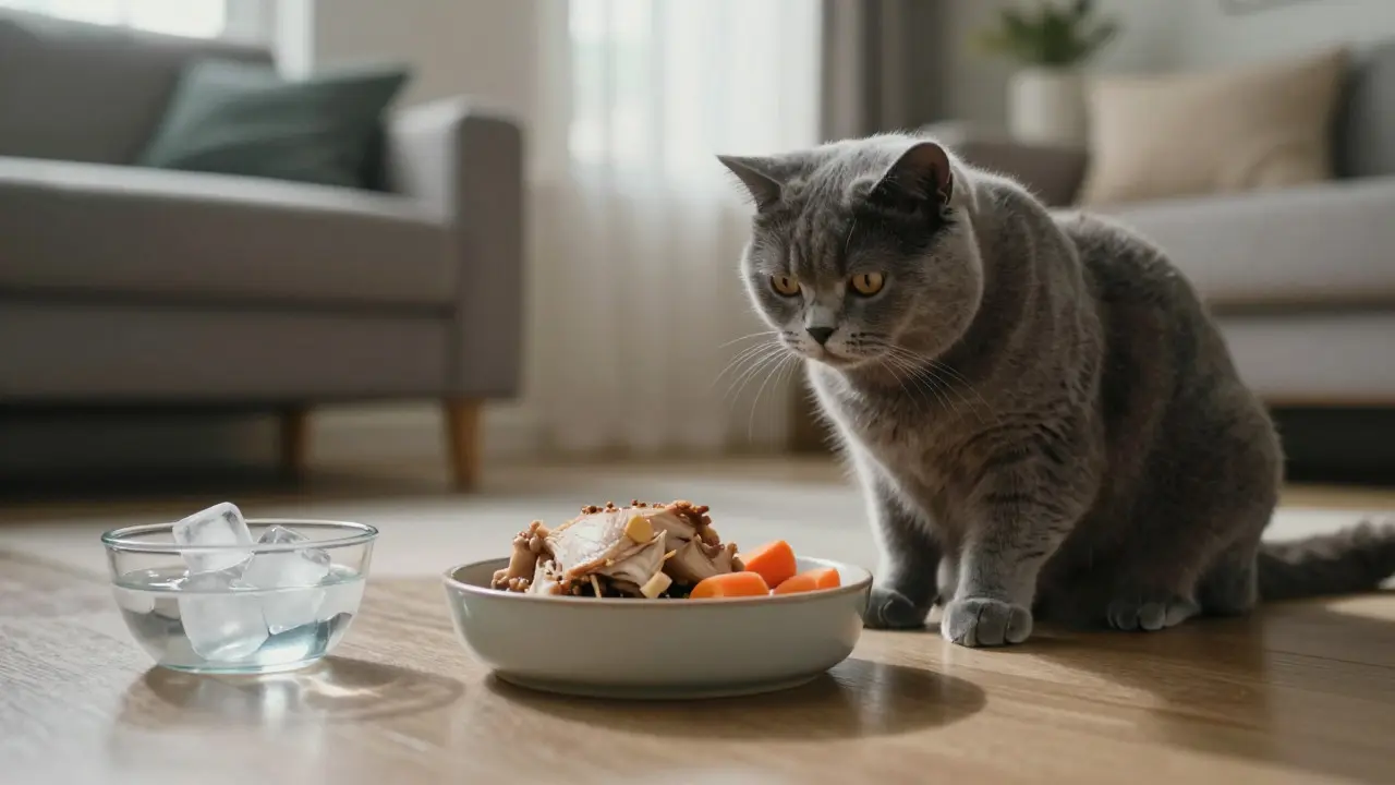 Кот ест сбалансированную порцию мяса и овощей из миски в уютной комнате