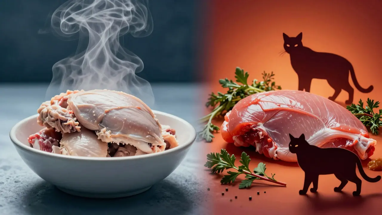 Сравнение вареной и сырой курицы для кошки