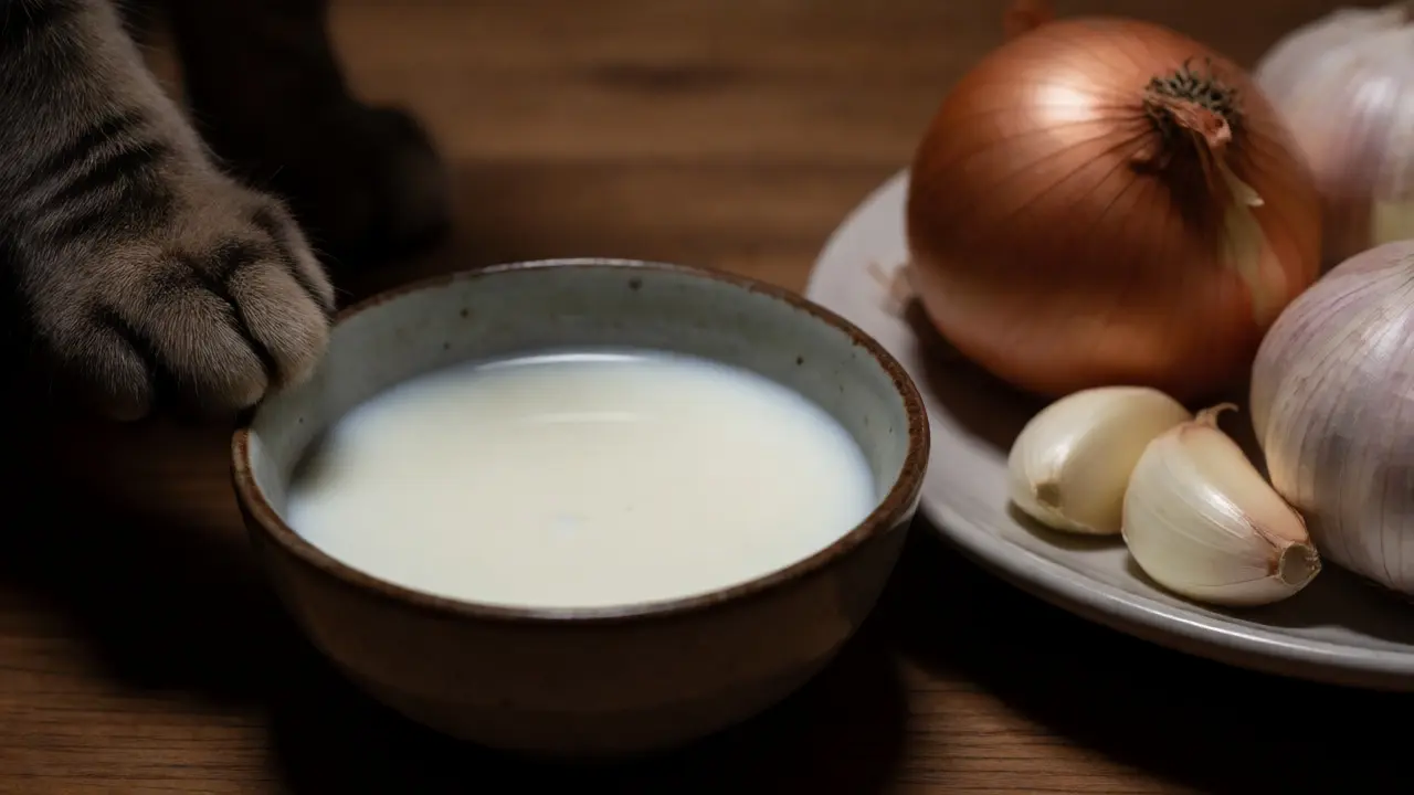 Лапа кота касается миски с молоком рядом с луком и чесноком