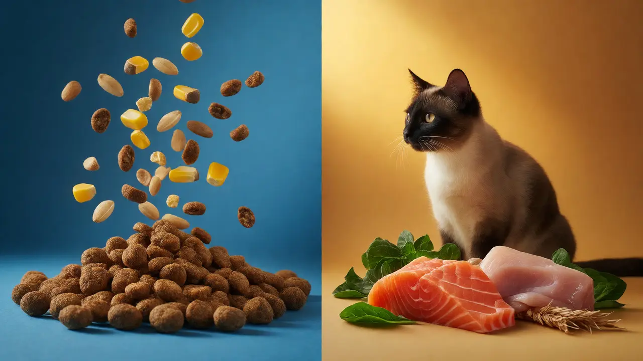 Сравнение сухих гранул с зерном и свежего мяса для кошек